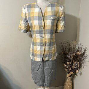 Vtg Kasper For ASL 2pc Skirt Suit Plaid Gray Yellow Linen Blend Jacket Lined 14